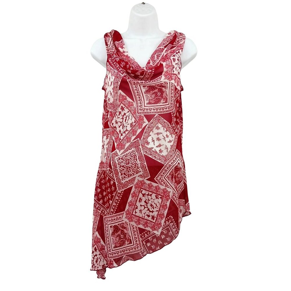 RAVE Y2K Red White Bandana Print Asymmetrical Hem Sheer Top